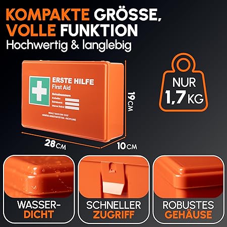 Erste-Hilfe-Kasten nach neuer DIN 13157:2021 inkl. Wandhalterung und Aufkleber | universeller Erste-Hilfe-Kasten für Betrieb, Haushalt oder Gastronomie - Büro-Verbandkasten gefüllt, Sanitätskasten