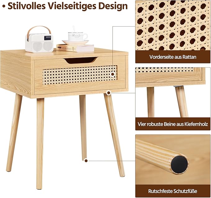 Yaheetech Nachttisch mit Rattan-Schublade – Hellbraun – 48,5 x 41 x 57,5 cm – Holzbeine