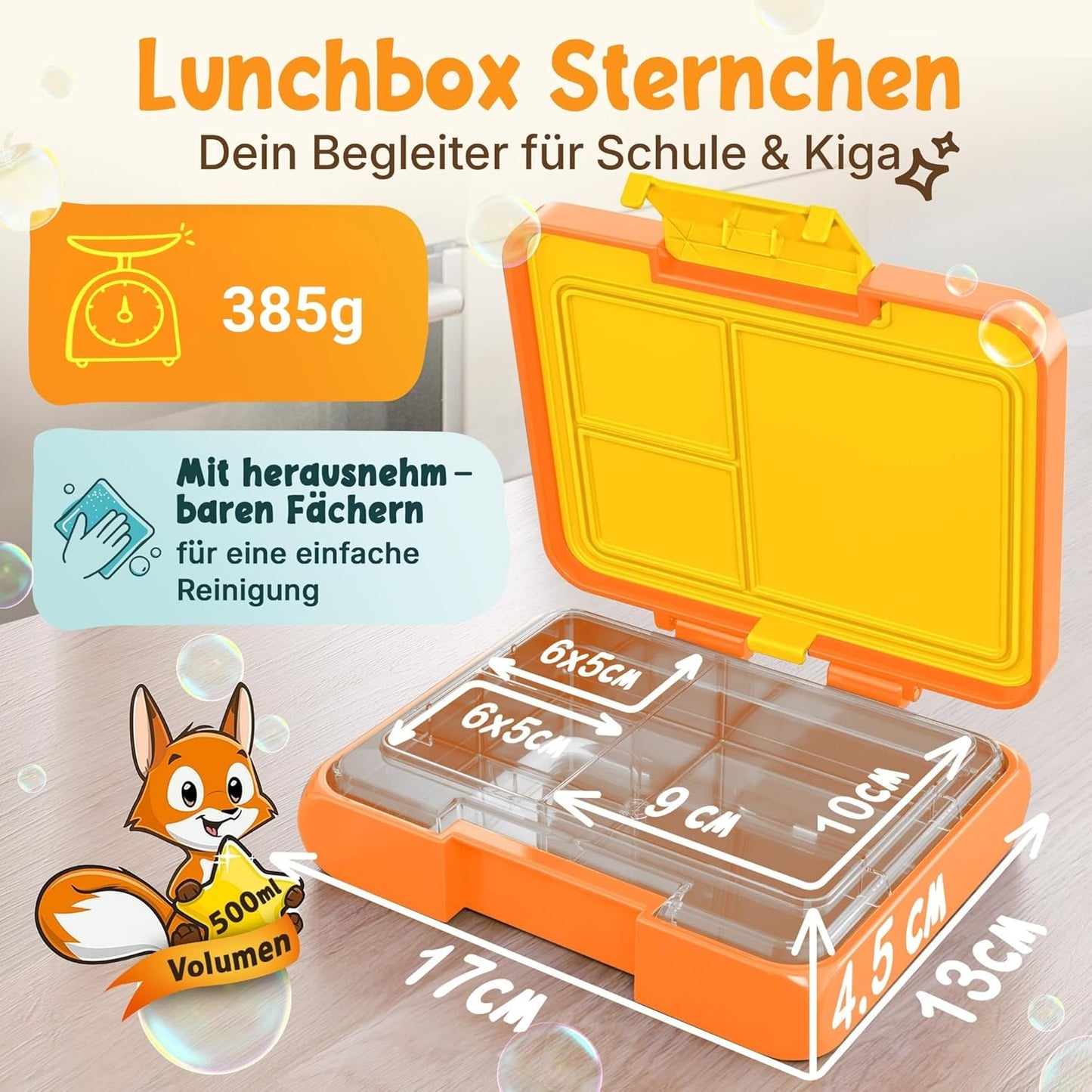 Funkelfuchs® - Lunchbox Kids mit Fächern - 500ml, orange - Lunchbox Stern, klein - Brotzeitbox, Snackbox, Lunchbox, Brotzeitbox, bento box kids - für Schule, Kindergarten und Krippe