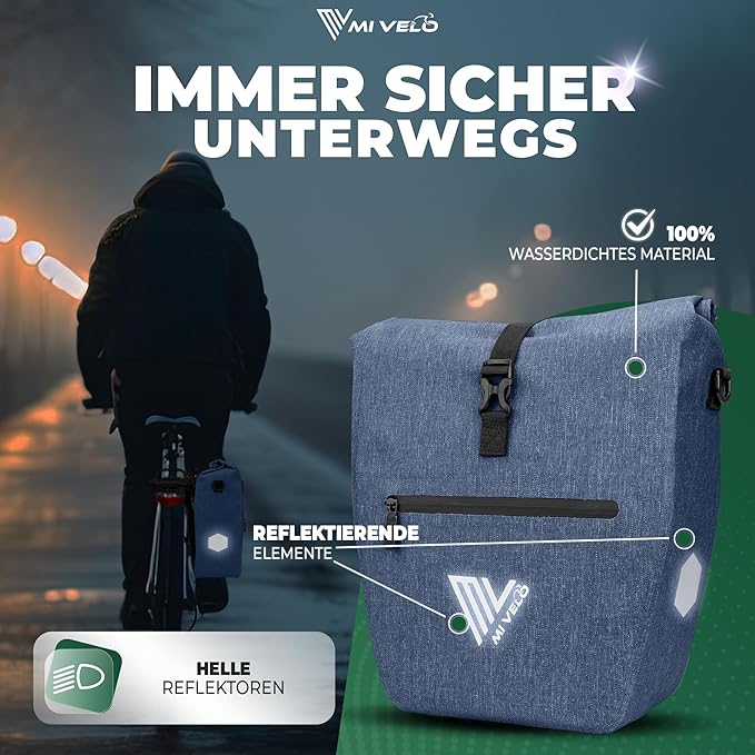 MIVELO Fahrradtasche – 2in1 Gepäckträgertasche & Schultertasche – 20 Liter – Jeansblau