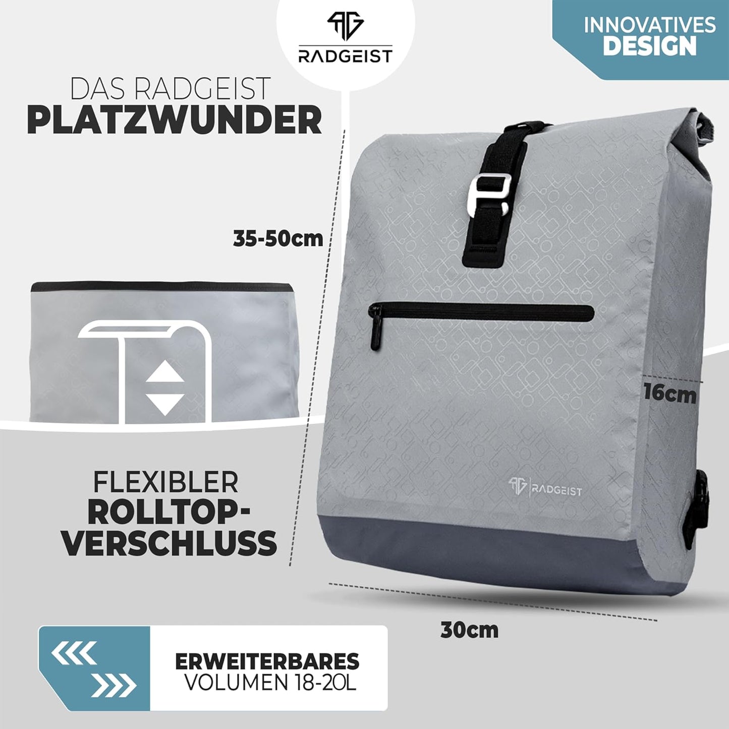RADGEIST Fahrradtasche für Gepäckträger - Rucksack - 20L - Grau