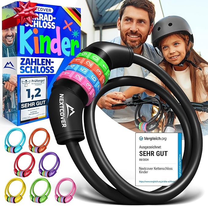 NEXTCOVER® Kinderfahrradschloss - 4-stelliger Zahlencode - Zahlenschloss Fahrrad mit bunten Zahlen - Scooterschloss Extra robust & sicher - Schwarz