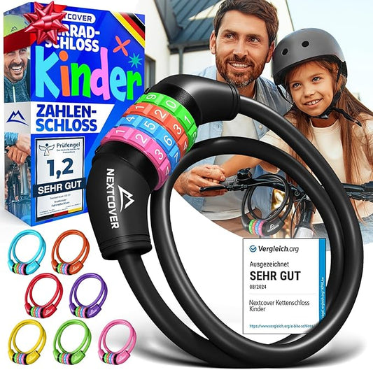 NEXTCOVER® Kinderfahrradschloss - 4-stelliger Zahlencode - Zahlenschloss Fahrrad mit bunten Zahlen - Scooterschloss Extra robust & sicher - Schwarz