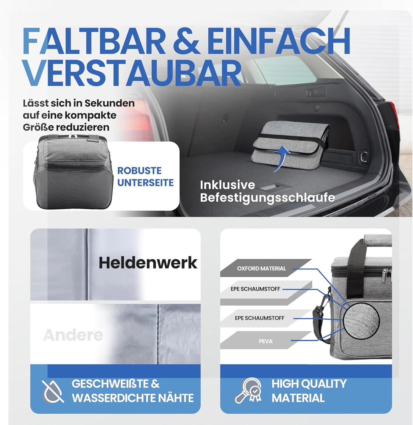 HELDENWERK Kühltasche klein & faltbar - 10 Liter Thermo-Lunchbag - isoliert, wasserdicht & auslaufsicher - Kühltasche - Brunch- und Lunchbag - Hellgrau