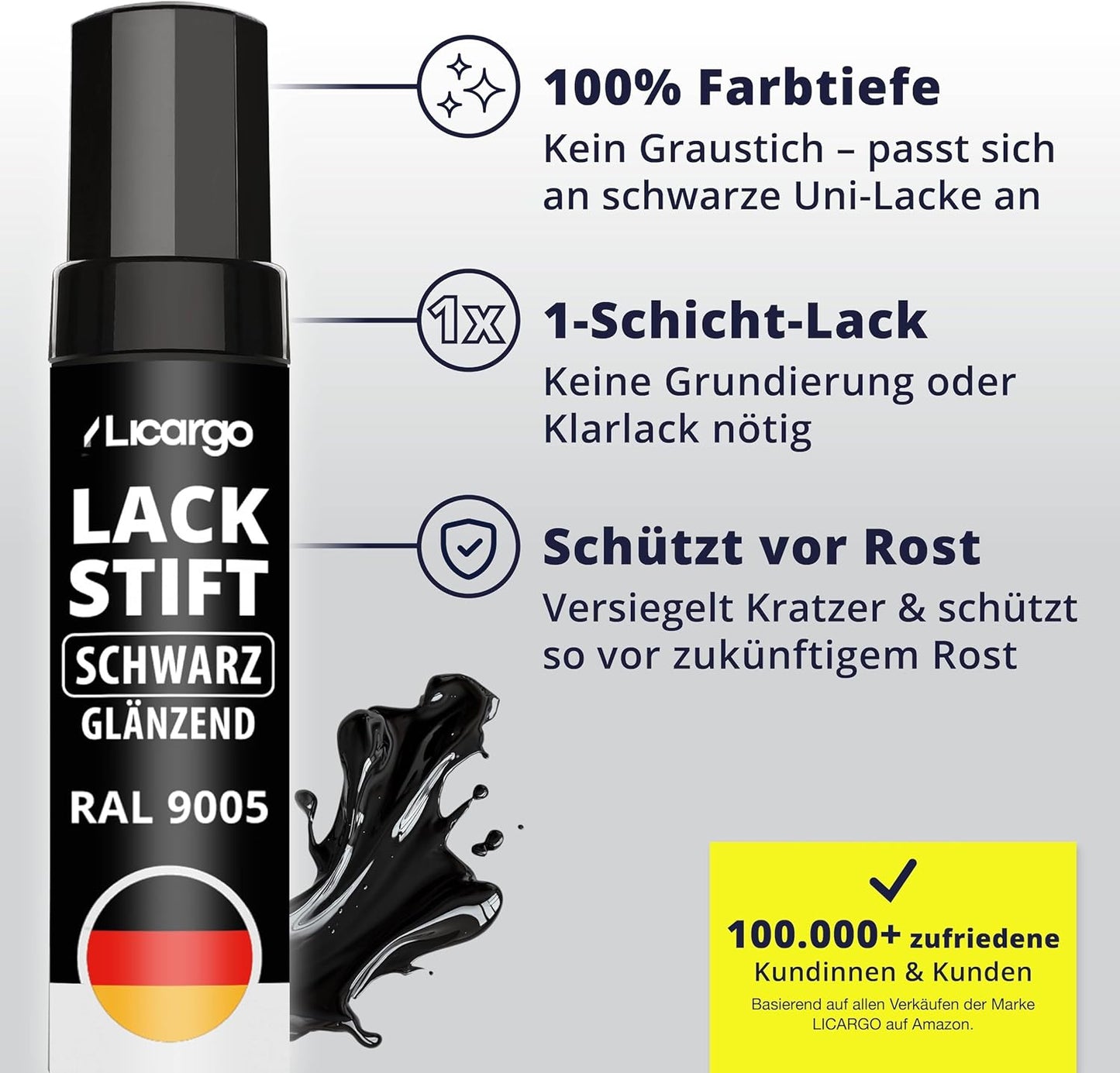 Licargo Lacquer Stick Car Black Gloss 12 ml - Präzisionspinsel - Schnell trocknende Reparatur von Kratzern und Steinschlägen