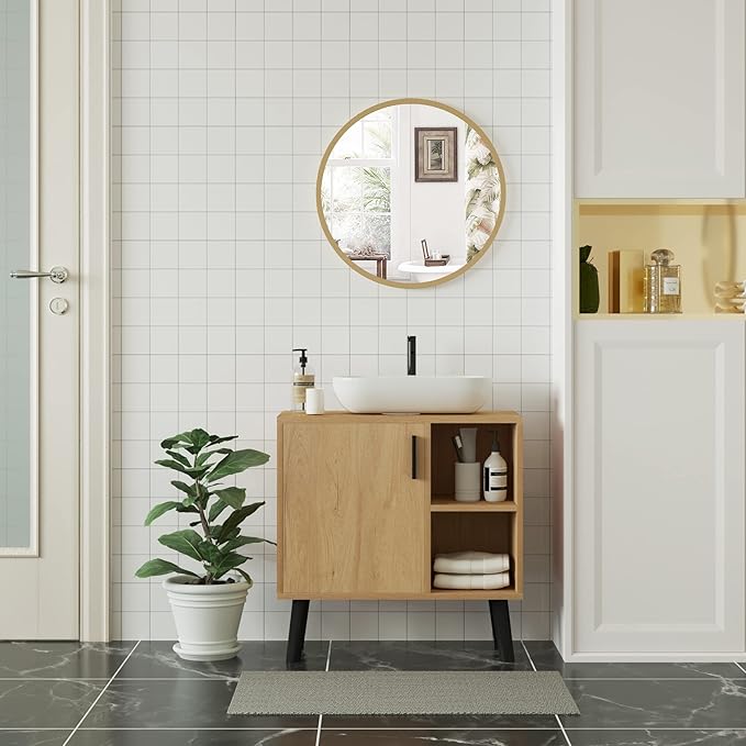 Woltu Runder Wandspiegel 50 x 50 cm - Goldrahmen - Moderner Spiegel für Bad, Schlafzimmer und Flur