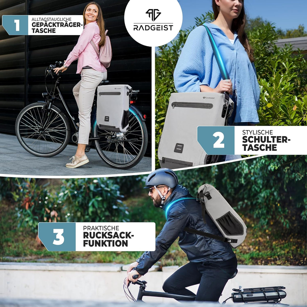 RADGEIST Fahrradtasche für Gepäckträger I Fahrradtasche & Rucksack I Tasche für Fahrrad 100% wasserdicht (reflektierend)