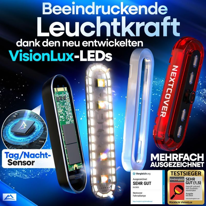 Nextcover Fahrradrücklicht - LED - Bremslicht - USB - 8U Batterie - Schwarz