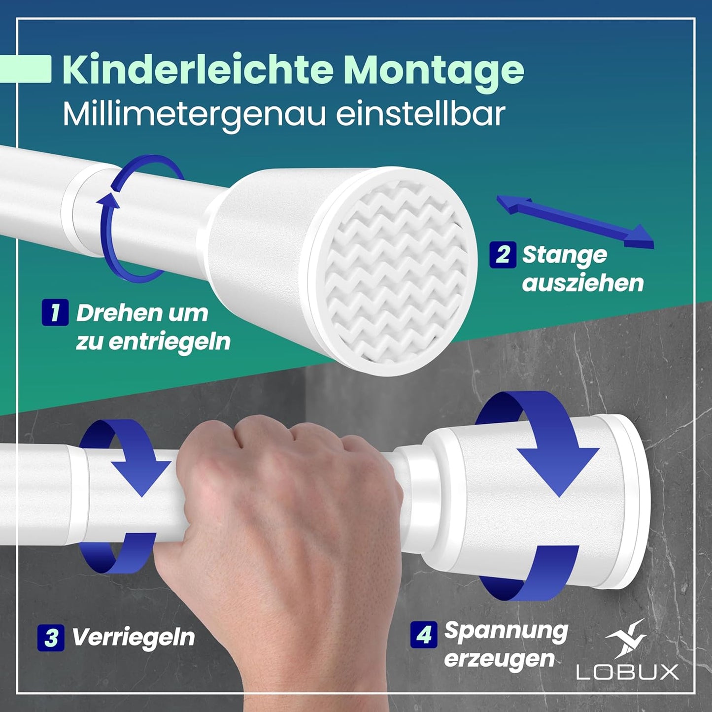 LOBUX® - Gardinenstange ohne Bohren [weiß, 110-250cm] - Teleskopstange Gardinenverlängerung - Duschstange ohne Bohren - Gardinenstange, Duschvorhangstange, Kleiderstange, Klemmstange Katzennetz