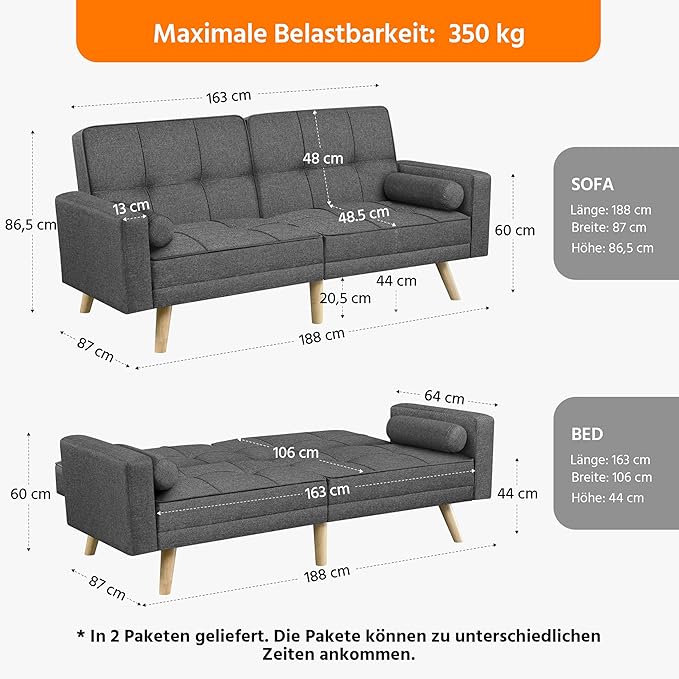 Yaheetech Schlafsofa Dunkelgrau - 3-in-1 Klappsofa mit verstellbarer Rückenlehne - Liegefläche 163 x 106 cm