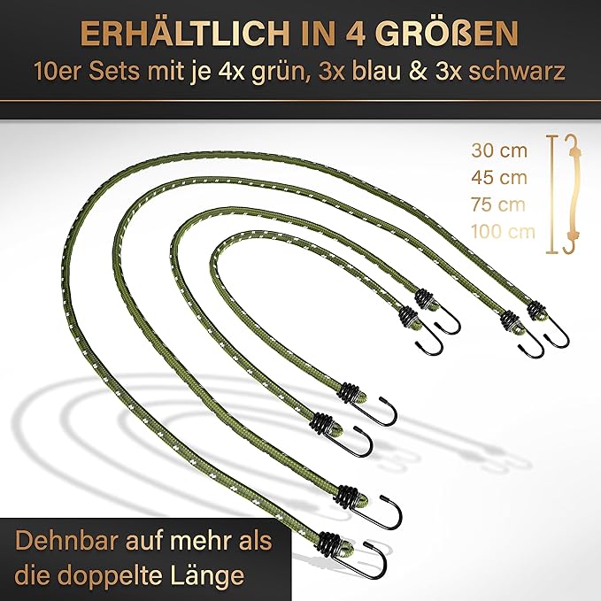 Heroism 10er-Set Gummizurrgurte mit Haken - TÜV/GS-geprüft, elastisch, 30-100 cm, für Transport, Camping und Sicherheit