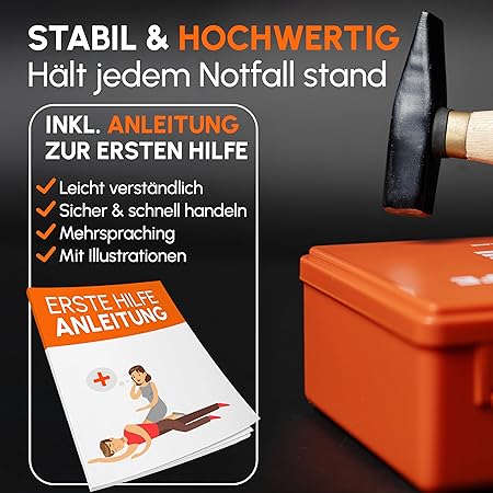 Erste-Hilfe-Kasten nach neuer DIN 13157:2021 inkl. Wandhalterung und Aufkleber | universeller Erste-Hilfe-Kasten für Betrieb, Haushalt oder Gastronomie - Büro-Verbandkasten gefüllt, Sanitätskasten