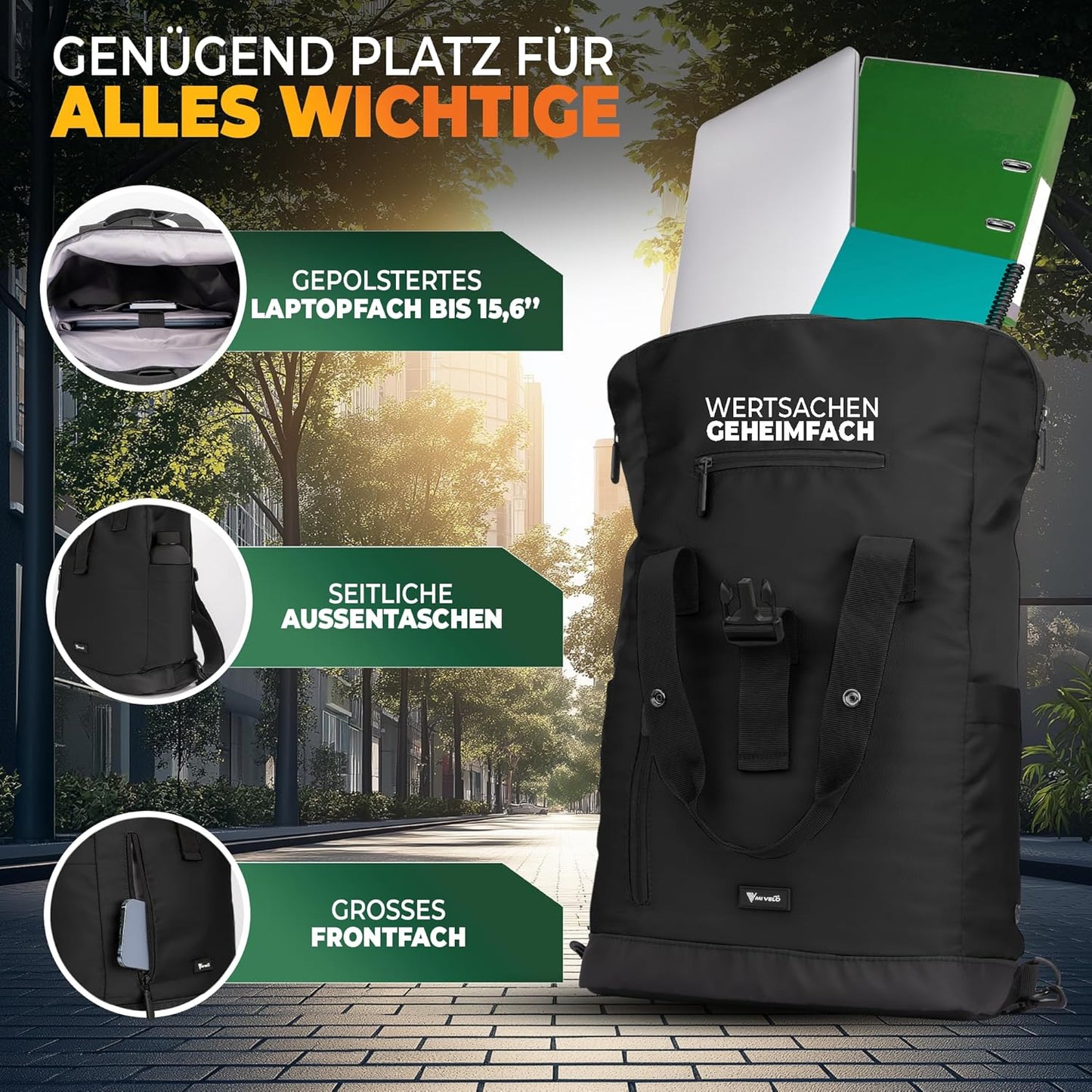 MIVELO MAYA Fahrradrucksack - Mit faltbarem Rucksack - 50 x 28 x 14 cm - Schwarz