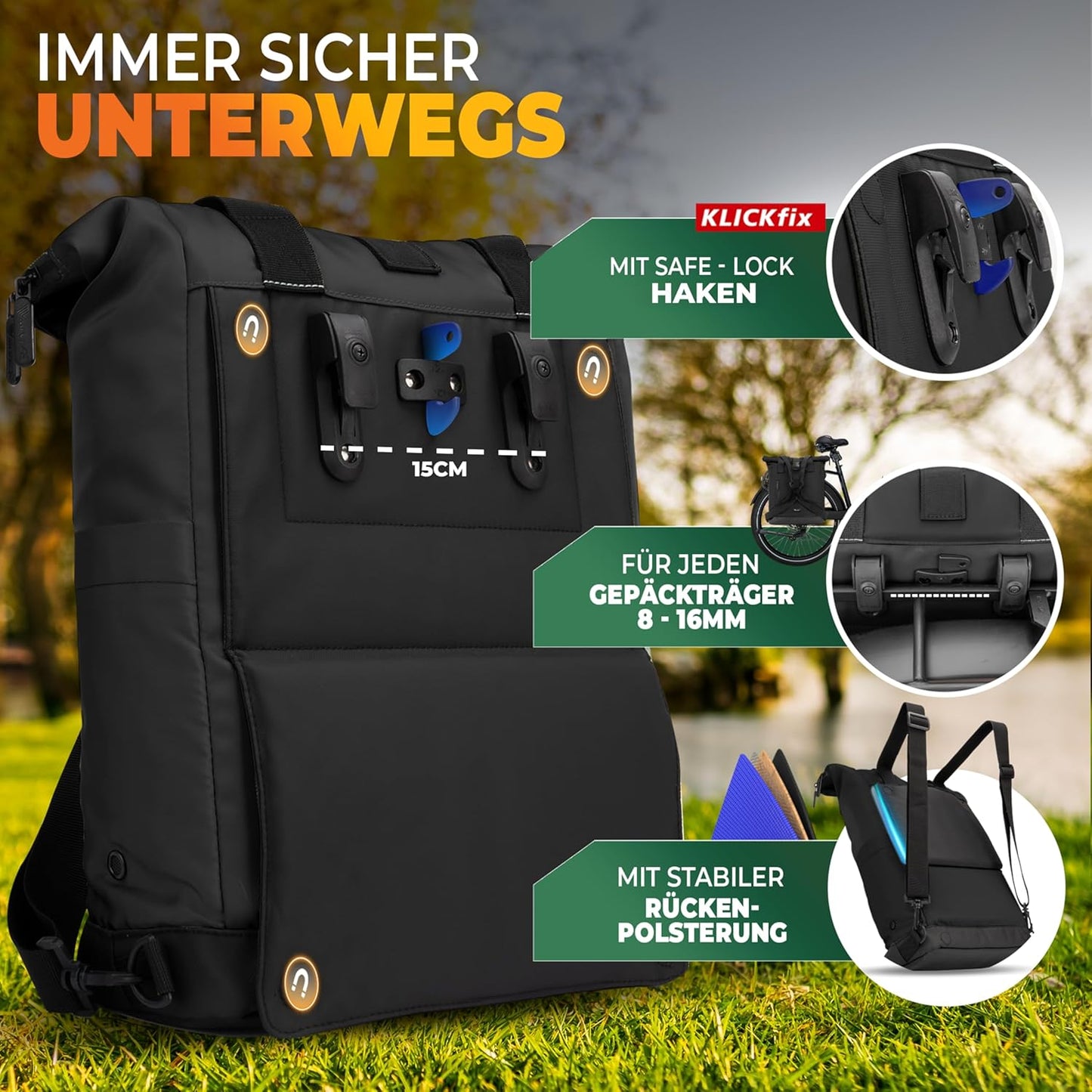 MIVELO MAYA Fahrradrucksack - Mit faltbarem Rucksack - 50 x 28 x 14 cm - Schwarz