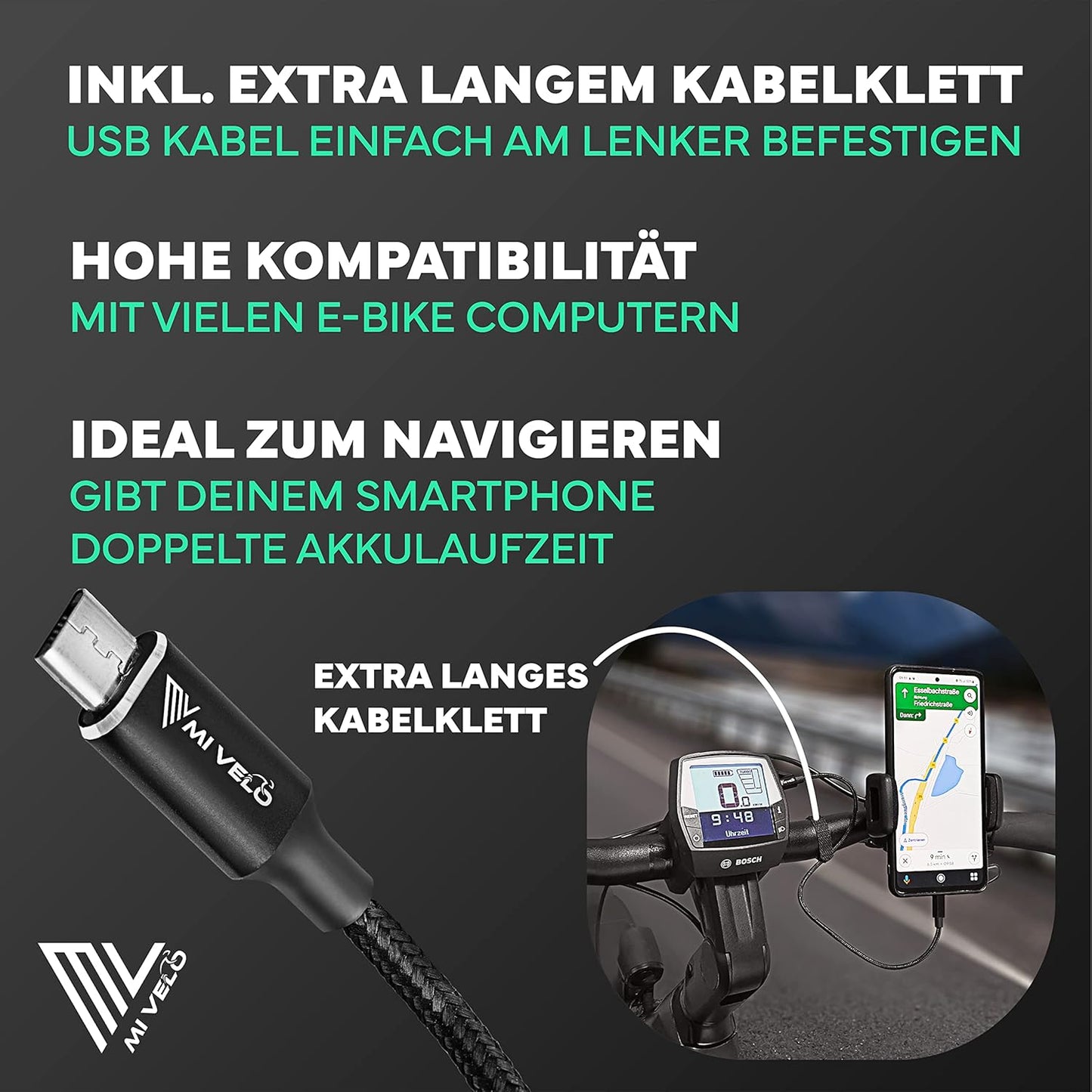 MIVELO E-Bike Ladekabel für Bosch Display - 35 cm OTG Kabel für iPhone (Lightning) - USB-C & Micro-USB - Geeignet für Intuvia, Kiox (nicht 300), Nyon (altes Modell) - Schwarz