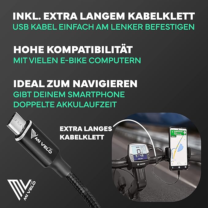 MIVELO E-Bike Display Kabel - Micro-USB auf USB-C - 40 cm - Schwarz