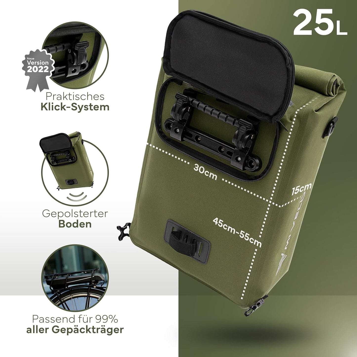 MIVELO 3-in-1 Packtasche für Gepäckträger - 100% wasserdicht - PVC-frei - Olivgrün - 25L