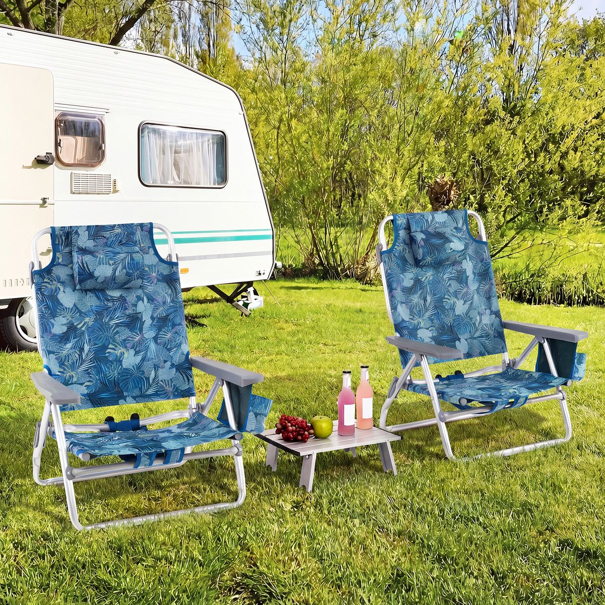 Coast Strandstuhl- und Tischset – 5-fach verstellbar – zusammenklappbar – blau – Set aus 2 Strandstühlen und einem Tisch