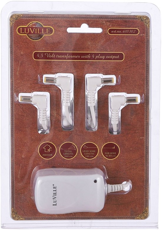 Luville Weihnachtsdorf-Schaltadapter 4,5 Volt mit 4 Steckern – Weihnachtsdekoration für den Innenbereich – Weihnachtsdekoration Miniaturwelt – Ersetzt das Batteriefach – 7 x 4 x 5 cm – Weiß