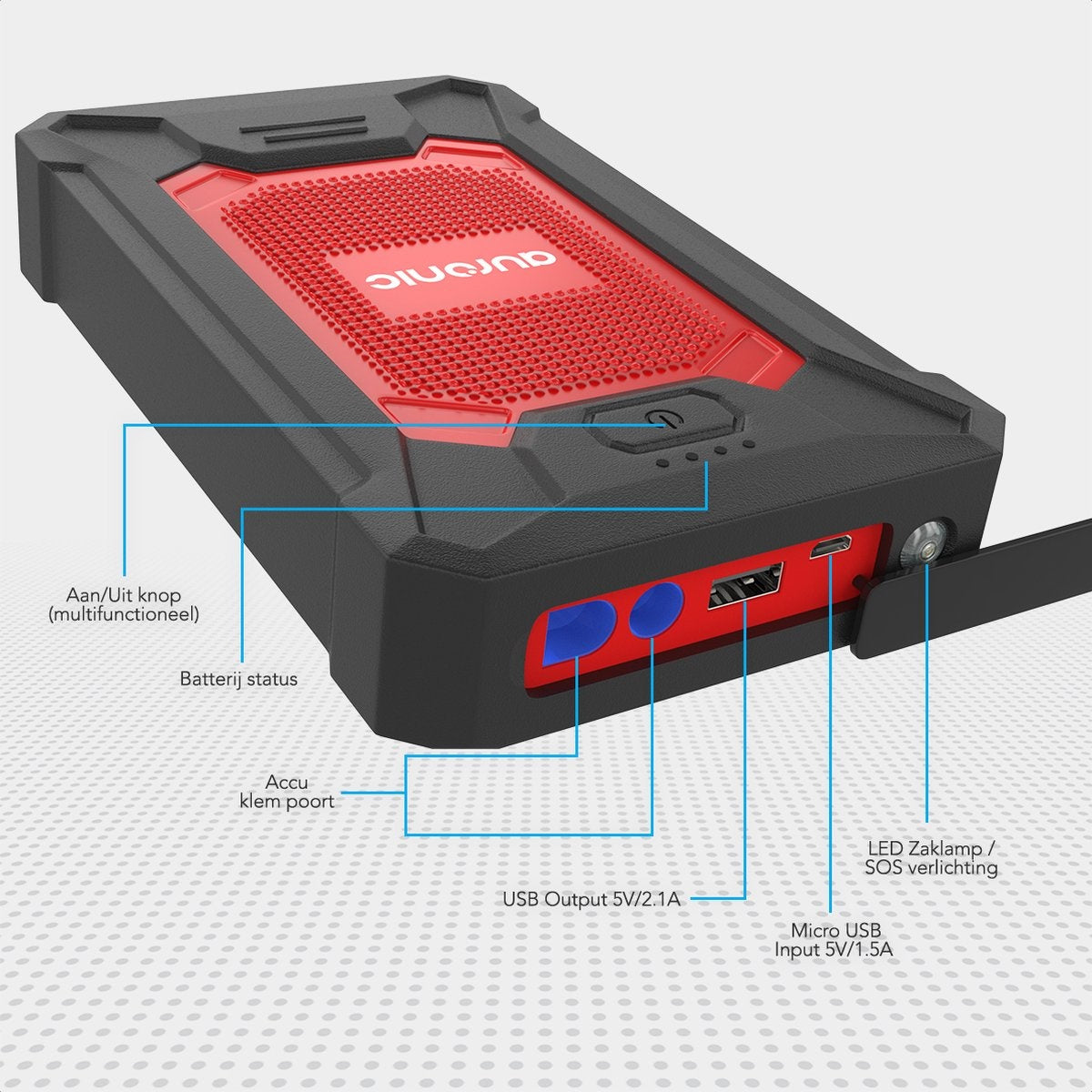 Auronic Jumpstarter - 12V - 600A - 7200 mAh - LED Licht - Rot/Schwarz