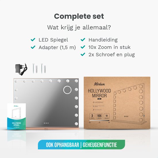 Mirlux Hollywood Mirror 80x60CM - 2 Bluetooth-Lautsprecher - USB & USB-C Ladeanschlüsse - LED-Beleuchtung - Schminkspiegel - 10x Zoom - Aufhängbar - Rose Gold