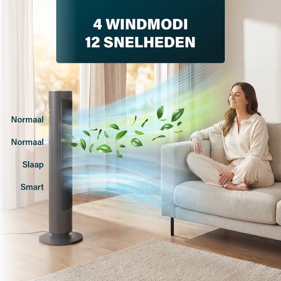 Princess DC Turmventilator 101 cm – Besonders leise – 12 Geschwindigkeitsstufen – Schwenkfunktion – Timer 1–8 Stunden – Mit Fernbedienung – Standventilator – 50 W – Schwarz – 352390