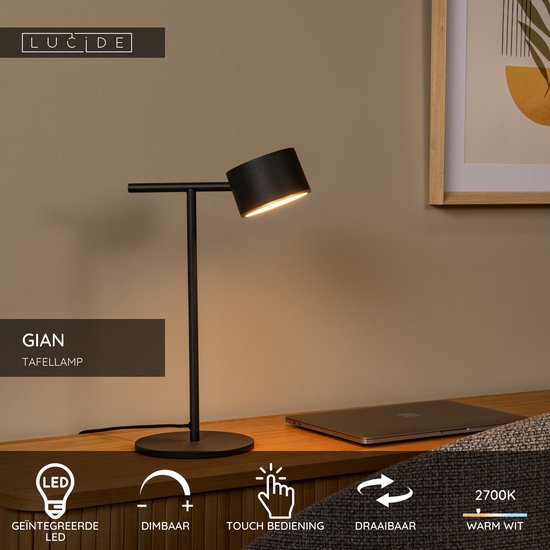 Lucide GIAN – Tischlampe – LED, dimmbar – 1x9 W, 2700 K – Schwarz