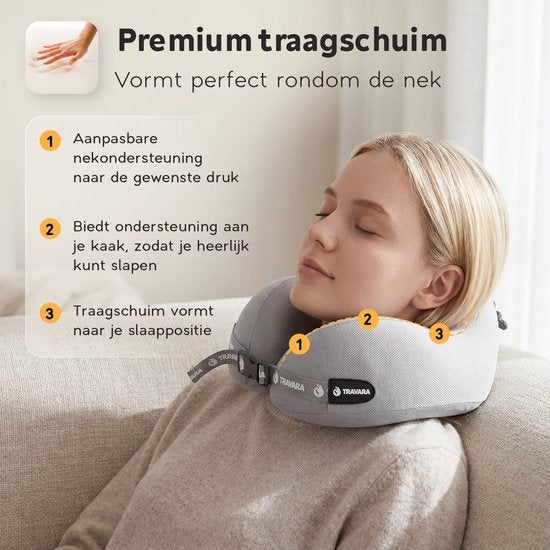 TRAVARA Nackenkissen „The Airhugger“ – Reisekissen – Für das Flugzeug – Autokissen – Memory-Schaum – Kombination aus aufblasbarem Material und Memory-Schaum – Hellgrau