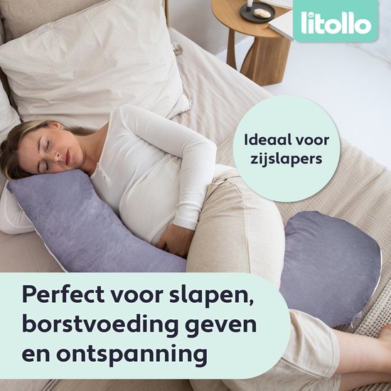 Litollo® Schwangerschaftskissen XL – Stillkissen – Körperkissen – Body Pillow – 140 cm – Abnehmbarer Bezug – Grau – Fleece