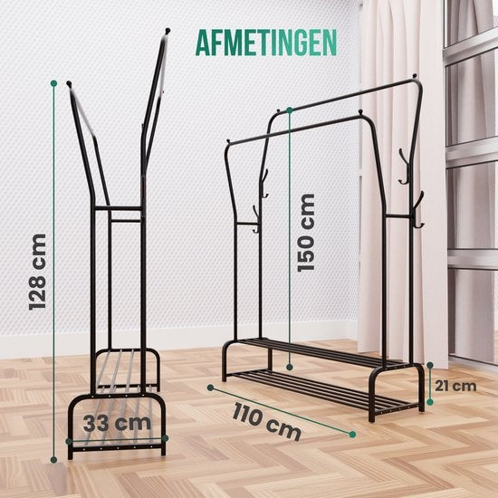 Avalo Industrial Clothes Rack Double Rod - Metall - 110x33x150 CM - Schwarz - Lagerung für Schuhe - Garderobe Rack mit Haken