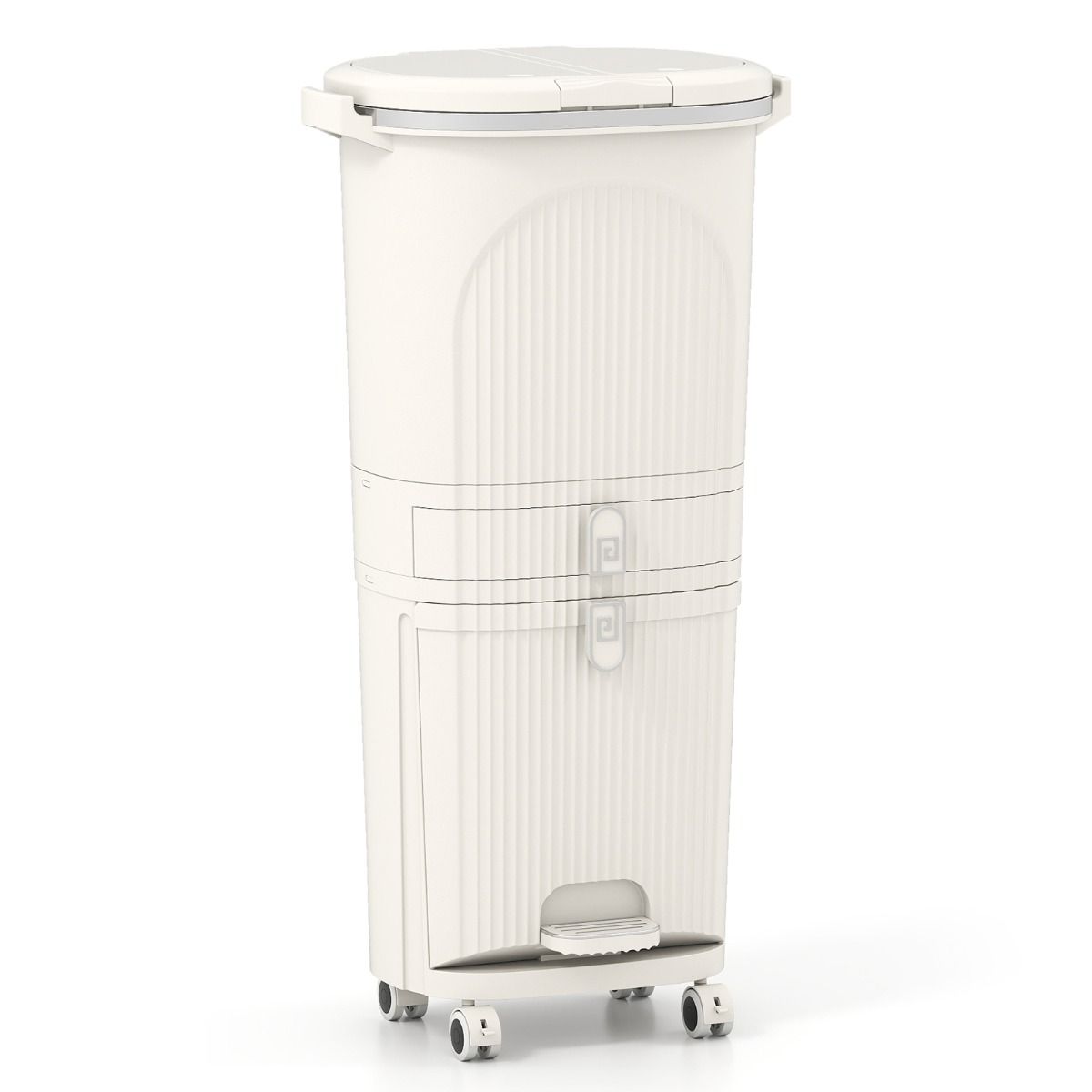 Coast Küchenabfalleimer – 3-Kammer-Mülltrennung – Fußpedal und Rollen – beige/weiß – 42 Liter