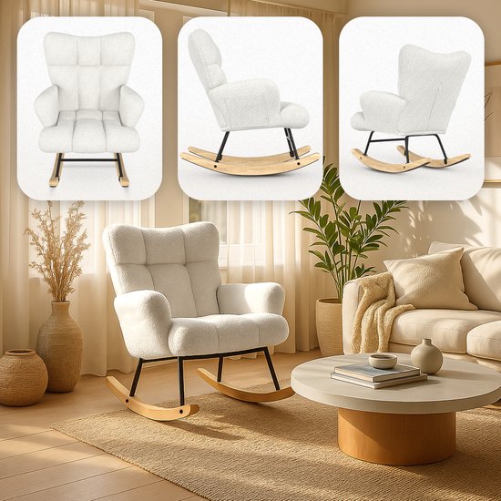 Flowsense Schaukelstuhl Teddy Weiß - Schaukelstuhl Erwachsene Baby - Stillstuhl Babyzimmer - Sessel mit Armlehne Design - Relaxsessel - Liegesessel