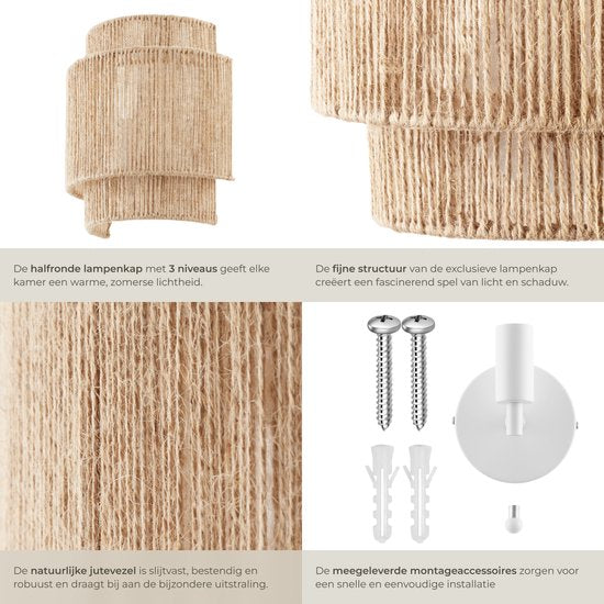 tectake® Wandleuchte Lignea Lux - 40W - 12 x 23 x 25,5 cm - E14 - Wandleuchte für Wohnzimmer, Schlafzimmer, Esszimmer - Boho Style Burlap Lamp - Treppenhausbeleuchtung - halbrund