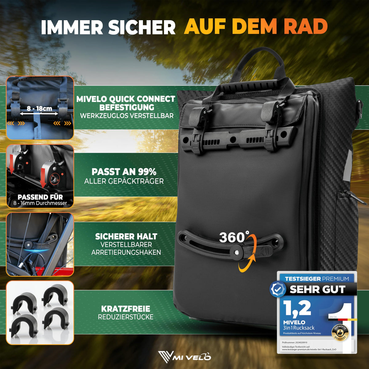 MIVELO - EVO - 25L - 3-in-1-Fahrradtasche für den Gepäckträger – 100 % wasserdicht – Schwarz Carbon