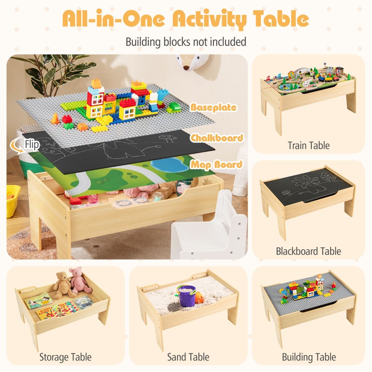 Coast Holzzug-Spieltisch für Kinder – 5-in-1-Aktivitäten-Spieltisch – 78-teilig – Naturfarben