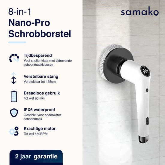 Samako Elektrische Reinigungsbürste - IPX6 Wasserdicht  - 9 Aufsätze - Kabellos - Bis zu 135 cm Reichweite
