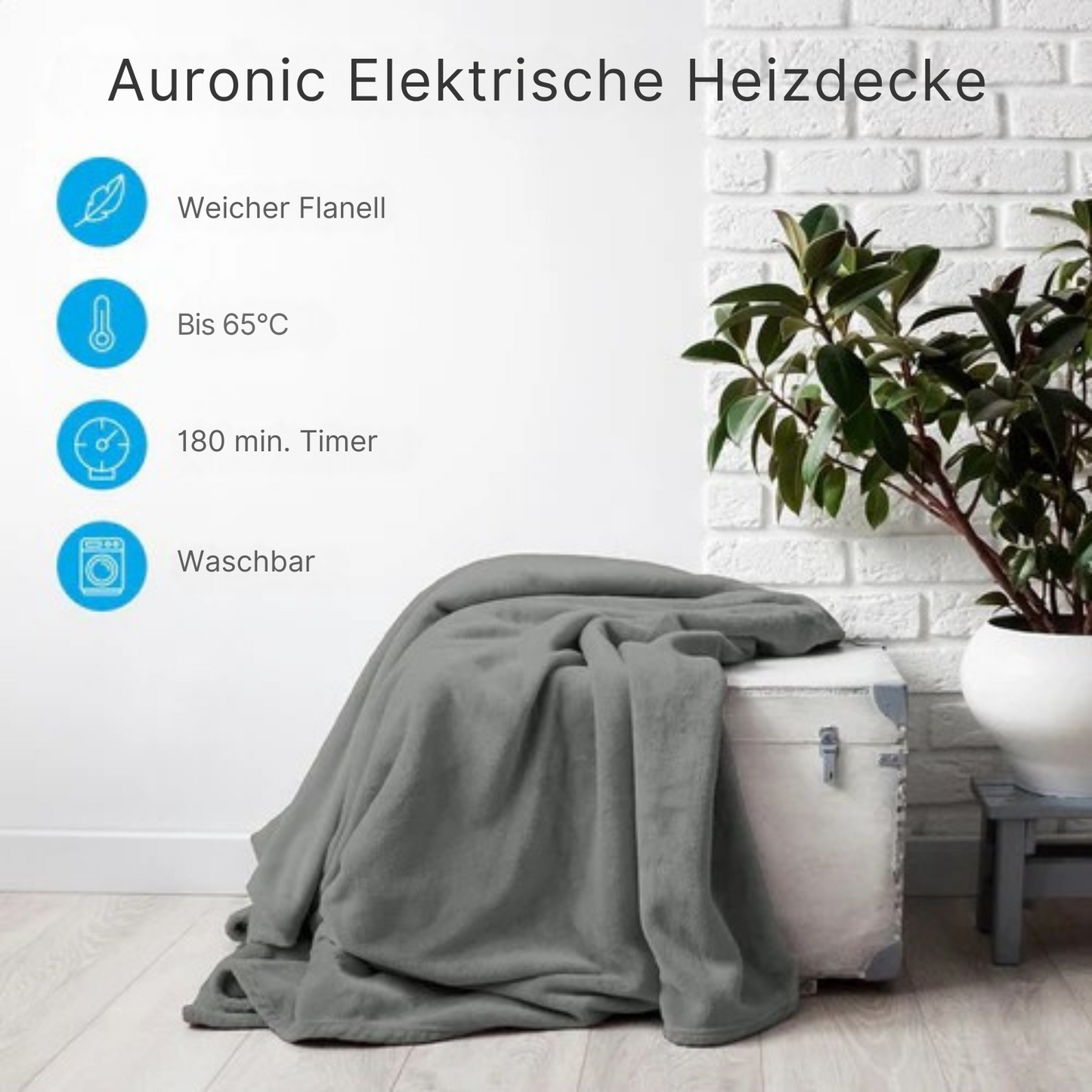 Auronic - Elektrische Heizdecke - 3 Stufen - mit Timer - 160 x 120cm - Grau/Beige