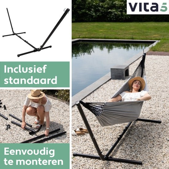 Vita5 Hängematte mit Ständer - 2 Personen - Verstellbare Länge - Inkl. Tragetasche - Gewicht 205 kg - Grau