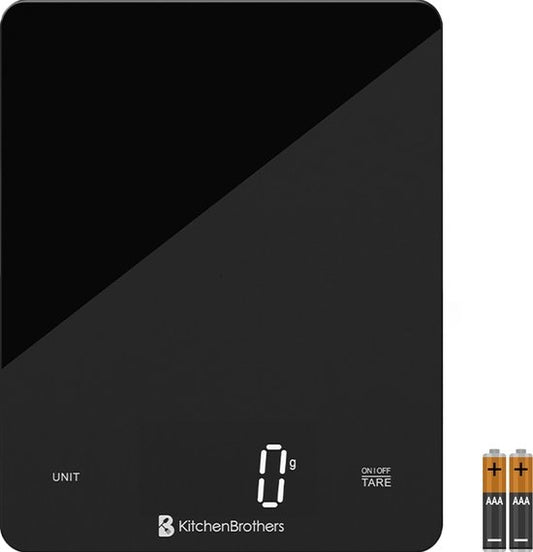 KitchenBrothers Küchenwaage - Küchenwaage - Digital - 1g bis 10kg - Batterien enthalten - Glas/Schwarz