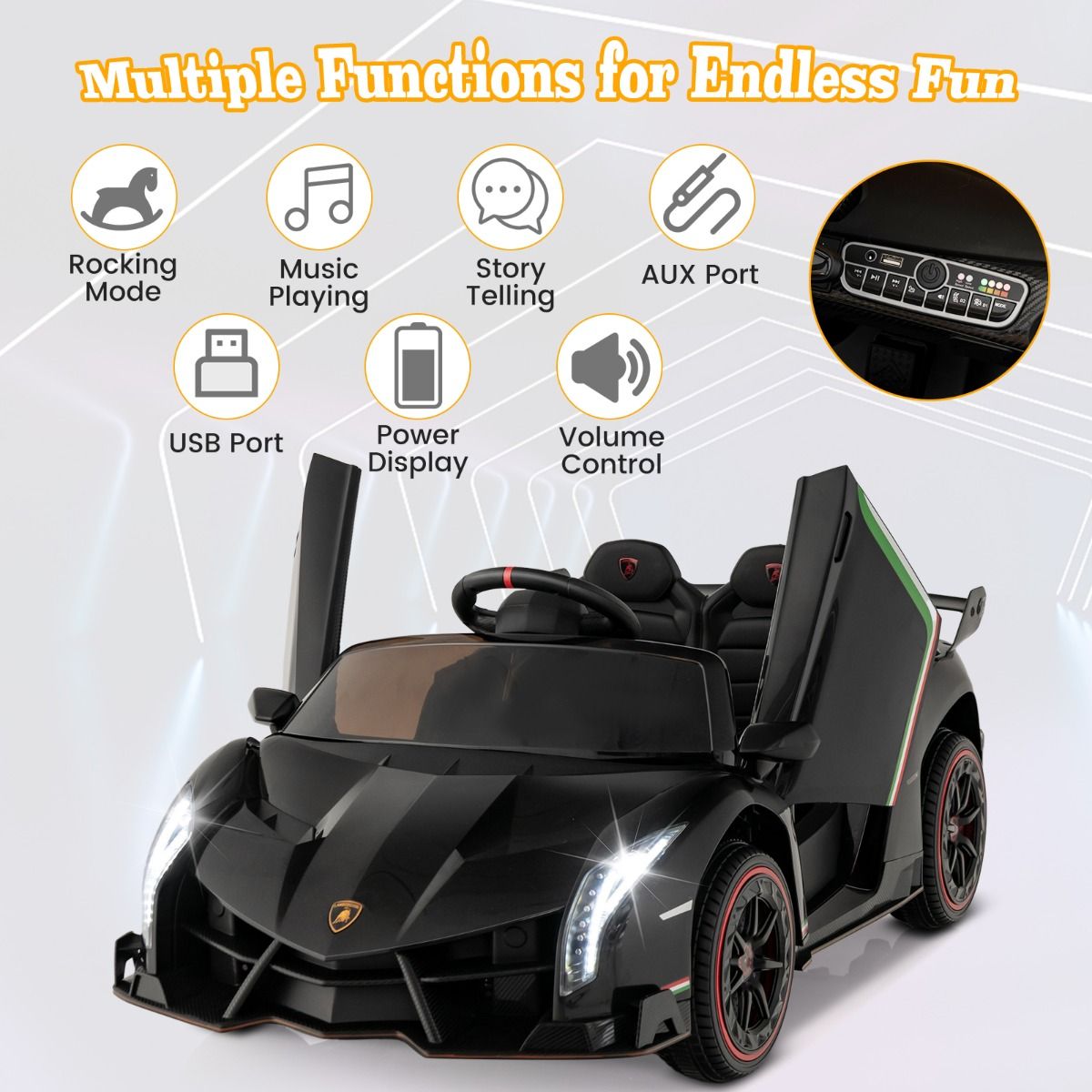 Coast Lamborghini lizenziertes Elektroauto - 12V Batterie - Fernsteuerung - 3 Geschwindigkeiten - hydraulische Türen - Schwarz
