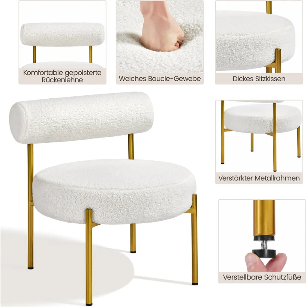 Yaheetech Lounge Chair 63 × 58 × 65 cm - Weißer Bouclé - Moderner Relaxsessel mit runder Sitzfläche und Metallbeinen