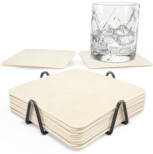 Castagnola Untersetzer aus Kunstleder – Untersetzer für Gläser – Design-Untersetzer mit Halter – Untersetzer-Set aus Kunstleder mit Metallhalter – Leder – 10er-Set – Offwhite – 10 x 10 cm