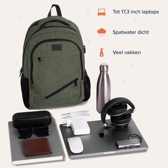 TRVLMORE Rucksack - 28L - 15.6 Zoll - Laptop-Rucksack - Schultasche - Unisex - Spritzwassergeschützt Grün
