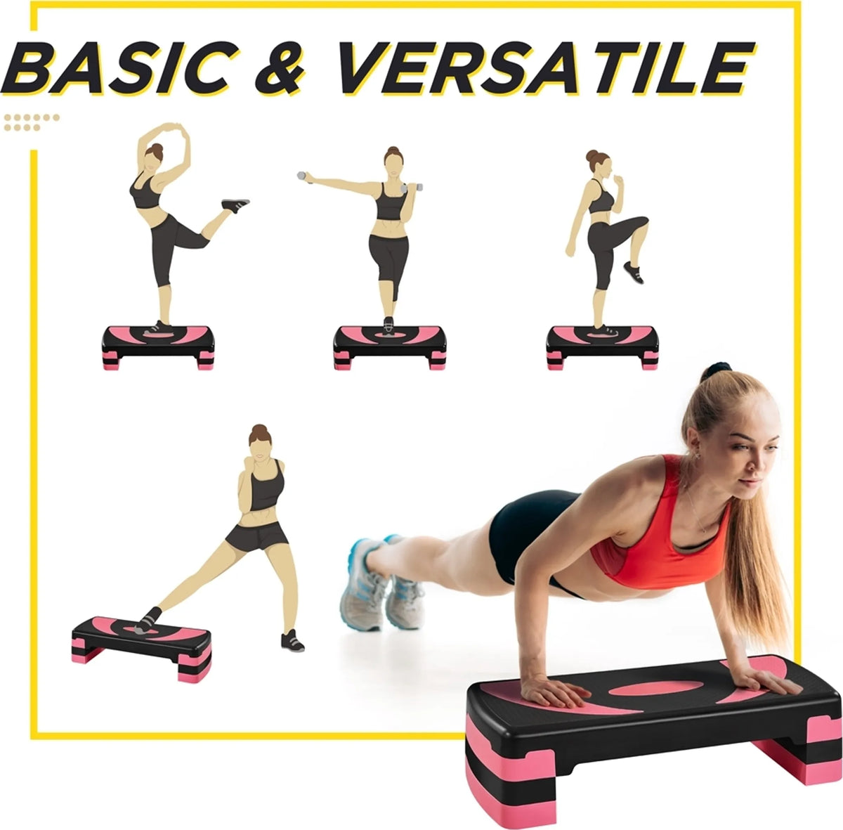 Yaheetech Aerobic Stepper einstellbar - 79,5 x 30 x 20 cm - Features 3 Höhenverstellungen und rutschfeste Oberfläche und Gummi-Schutzfüße - für Home Gym und Fitness-Training - Schwarz und Rosa Kunststoff