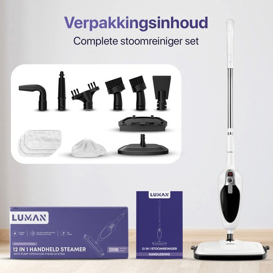 LUMAN - 12 in 1 Dampfreiniger - Teppich-/ Fleckenreiniger - 10 Aufsätze & 3 Mikrofasertücher - Reinigt Boden/Sofa,/Bad/Teppich - Weiß