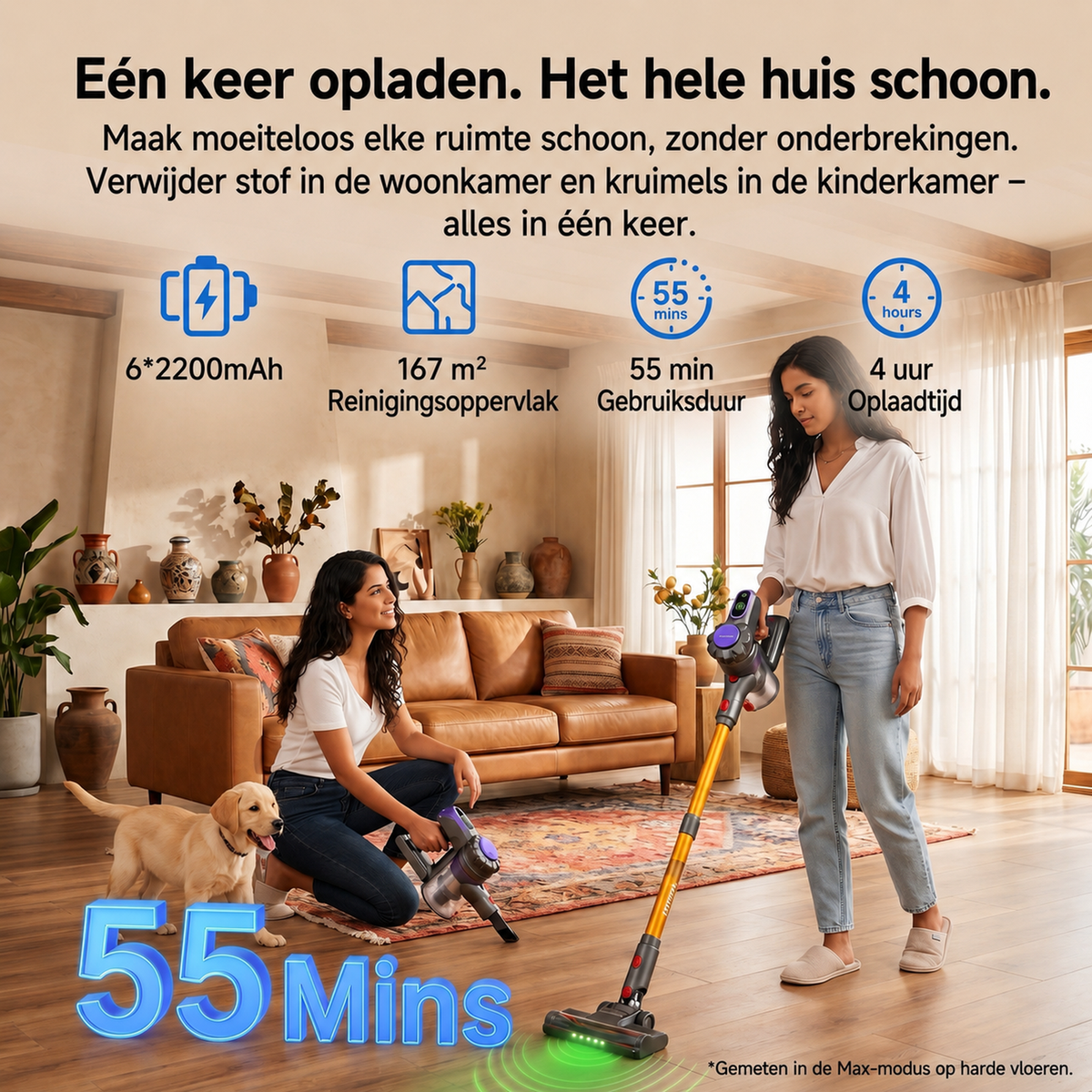 Monsga ME03 Kabelloser Stabstaubsauger – 550 W – 55 kPa – 55 Min. Laufzeit – 1,2 kg – Anti-Verfilzungsbürste – Herausnehmbarer Akku – Grünes Kontrolllicht
