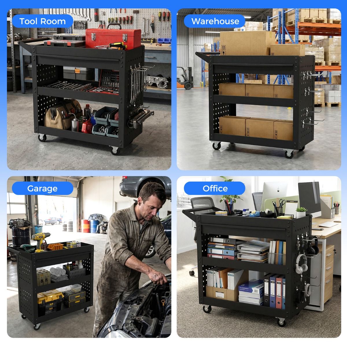 Coast Werkzeugwagen auf Rädern – 3 Ebenen – große Schublade – schwarz 80 x 35 x 73 cm