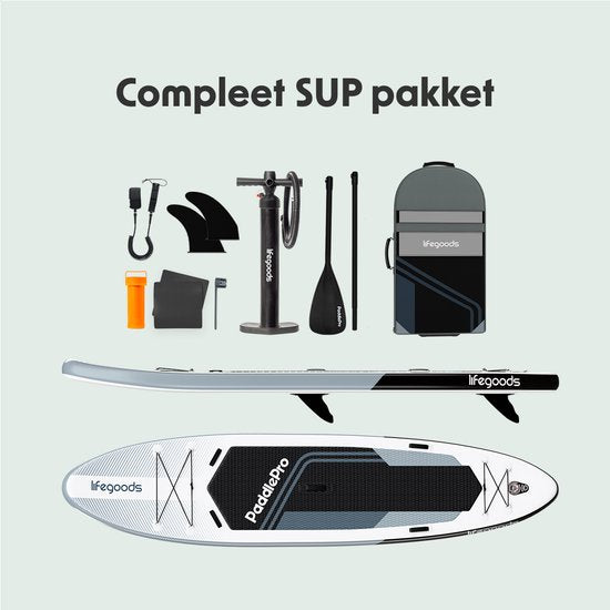 LifeGoods SUP Board Tandem - 2 Personen - 220 KG Belastbarkeit - 381 x 86 cm - Aufblasbar - Komplettes SUP Paket - Weiß/Schwarz
