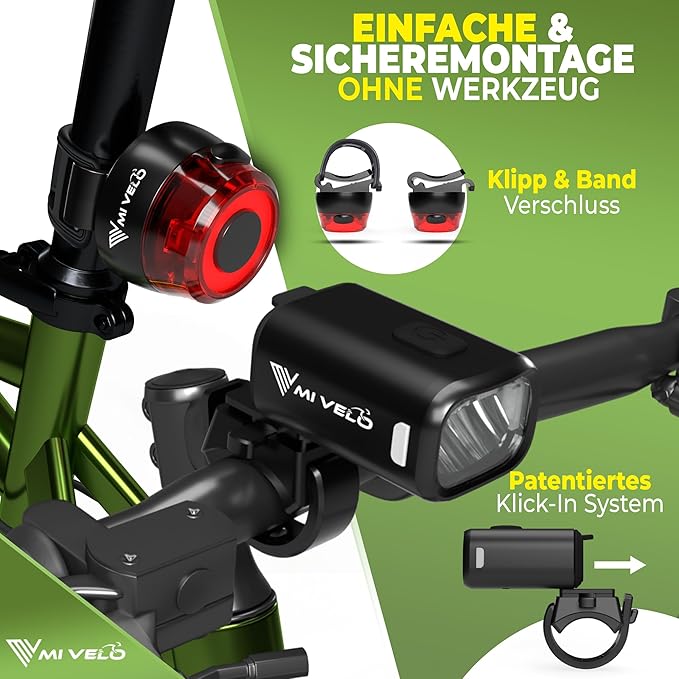 MIVELO Fahrradlicht-Set - USB aufladbar & wasserdicht - 100 Lux - Smart One