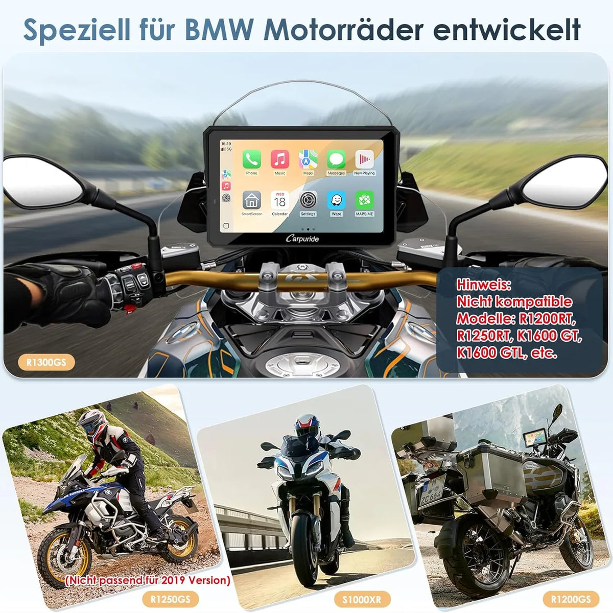 Carpuride W702BS Pro 7-Zoll-CarPlay-Bildschirm für Motorräder – BMW Wonderwiel – Drahtloses CarPlay & Android Auto – Wasserdicht – Schwarz